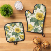 Rustic Sunflower Watercolor Floral Farmhouse 鍋つかみ&鍋敷きセット (トップダウン)