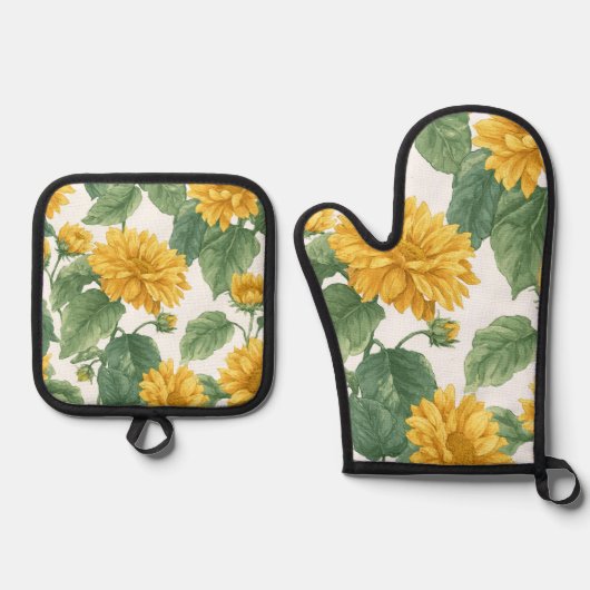 Rustic Sunflower Watercolor Floral Farmhouse 鍋つかみ&鍋敷きセット (正面)