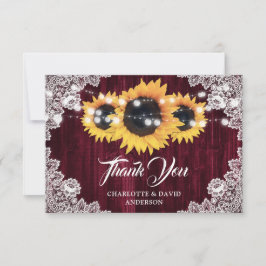 Rustic Sunflower Wood Floral Lace Burgundy Wedding サンキューカード