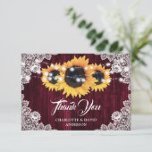Rustic Sunflower Wood Floral Lace Burgundy Wedding サンキューカード (スタンド正面)