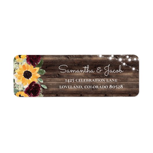 Rustic Sunflower Wood Wedding Return Address ラベル (正面)
