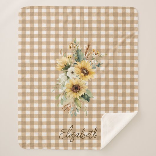Rustic Sunflowers Brown Gingham Personalized シェルパブランケット (正面)