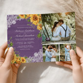 Rustic Sunflowers Lavender Wood QR Code Wedding 招待状