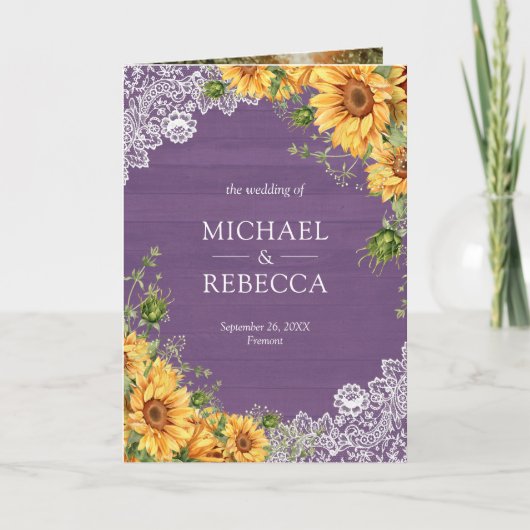 Rustic Sunflowers Lavender Wood QR Code Wedding 招待状 (正面)