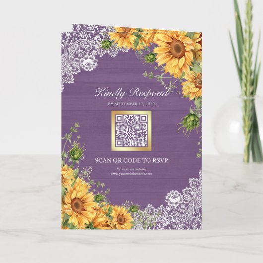Rustic Sunflowers Lavender Wood QR Code Wedding 招待状 (裏面)