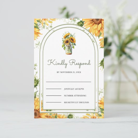 Rustic Sunflowers Mason Jar Arch Wedding 出欠カード (スタンド正面)