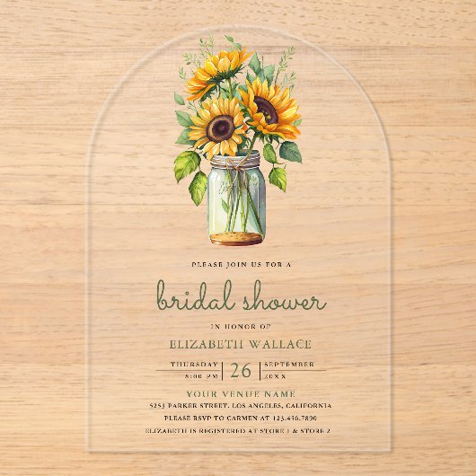 Rustic Sunflowers Mason Jar Bridal Shower アクリル招待状 (正面)