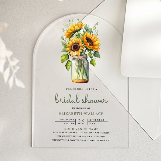 Rustic Sunflowers Mason Jar Bridal Shower アクリル招待状