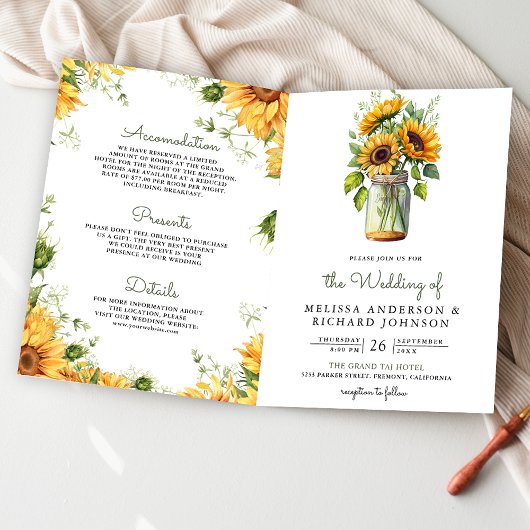 Rustic Sunflowers Mason Jar QR Code Wedding 招待状