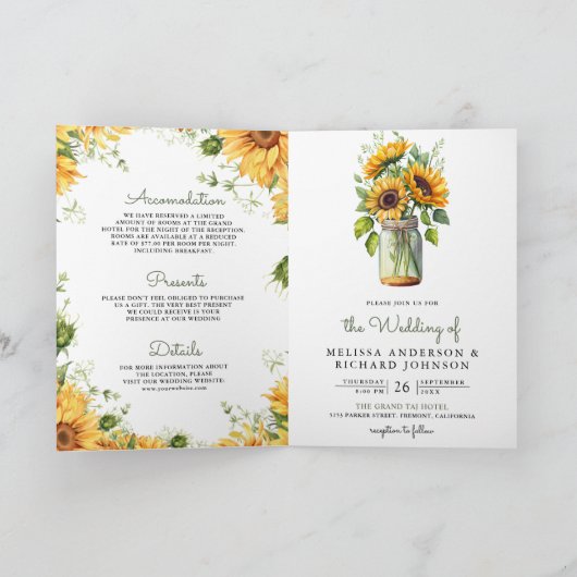 Rustic Sunflowers Mason Jar QR Code Wedding 招待状 (内部)