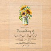 Rustic Sunflowers Mason Jar Wedding アクリル招待状 (正面)