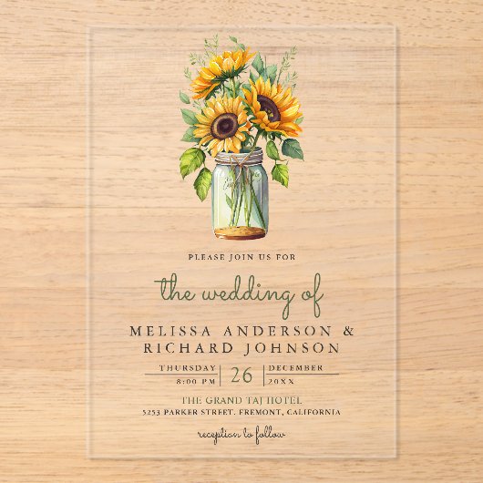 Rustic Sunflowers Mason Jar Wedding アクリル招待状 (正面)