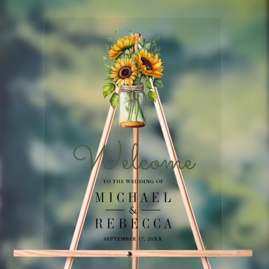 Rustic Sunflowers Mason Jar Wedding Welcome アクリルサイン (ニュートラル)