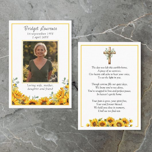Rustic Sunflowers Memorial Photo Prayer Card 名刺