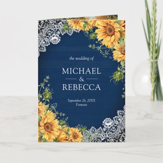 Rustic Sunflowers Navy Blue Wood QR Code Wedding 招待状 (正面)