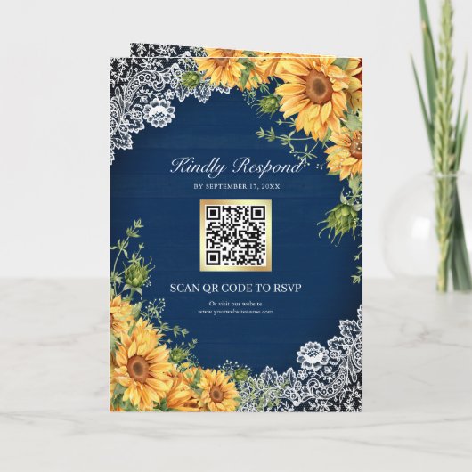 Rustic Sunflowers Navy Blue Wood QR Code Wedding 招待状 (裏面)