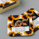 Rustic sunflowers photo wedding save the date スクエアペーパーコースター<br><div class="desc">Elegant easy to personalize rustic yellow gold sunflowers wedding photo save the date keepsake coaster with your custom picture and editable trendy hand-lettered style script text over a white background. A unique way of announcing your wedding date, suitable for summer or autumn fall garden backyard rustic modern outdoor wedding ceremonies...</div>