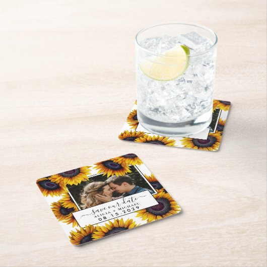 Rustic sunflowers photo wedding save the date スクエアペーパーコースター (インサイチュ)