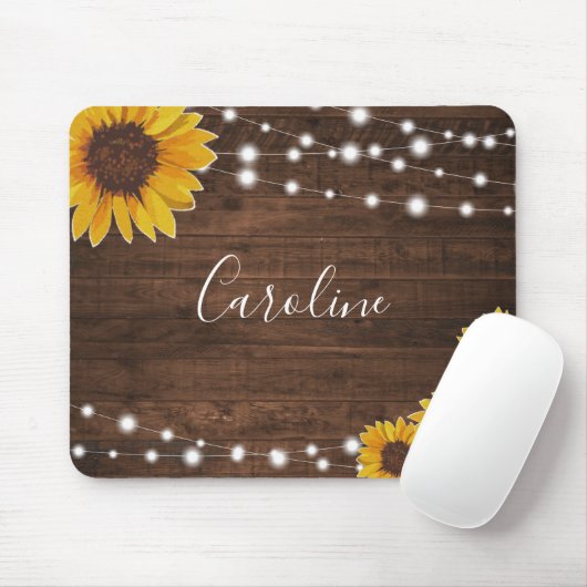 Rustic Sunflowers & String Lights on Wood マウスパッド (マウス)