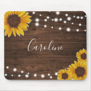 Rustic Sunflowers & String Lights on Wood マウスパッド