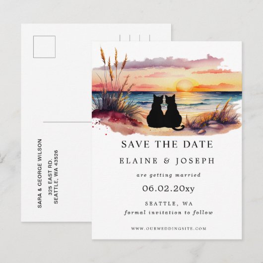 Rustic Sunset Beach Save The Date Cards 案内ポストカード (正面/裏面)