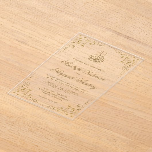 Rustic Swirl Frame Gold Muslim Wedding アクリル招待状 (レイダウン)
