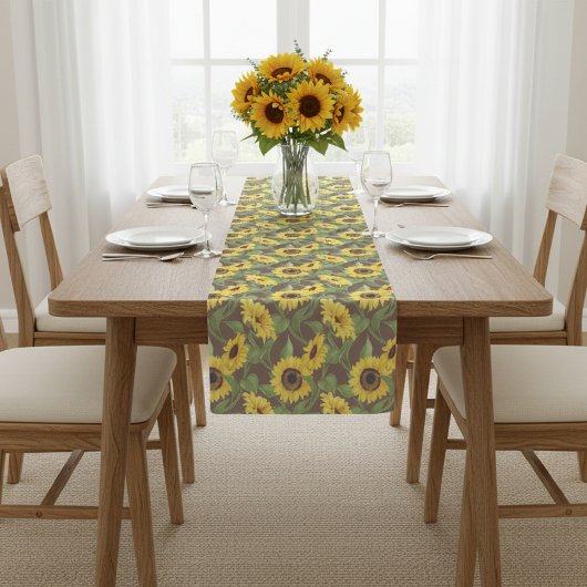 Rustic Table Runner with Sunflower Print, Brown  ショートテーブルランナー
