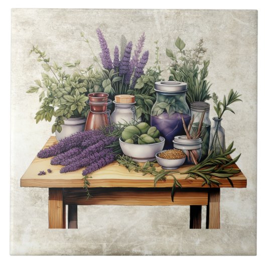 Rustic Table with Herbs Watercolors タイル (正面)