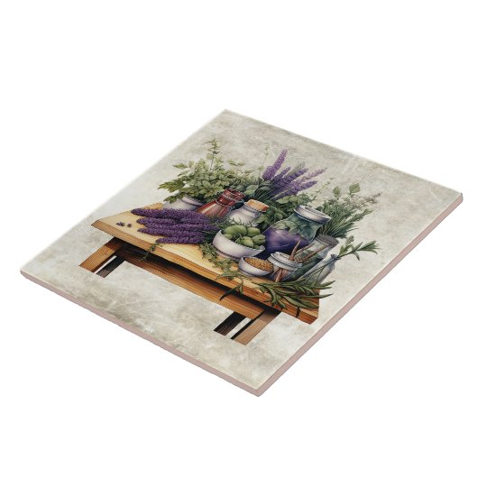 Rustic Table with Herbs Watercolors タイル (側面)
