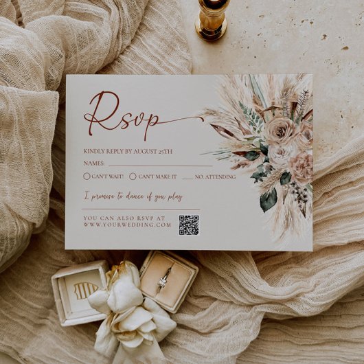Rustic Tan Boho ウェディングRSVPカード 返信QRコード 出欠カード