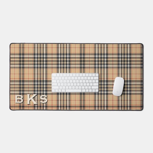 Rustic Tan White & Black Tartan Plaid Monogram デスクマット (キーボード&マウス)