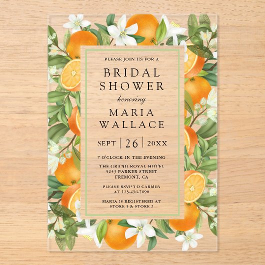 Rustic Tangerine Citrus Orange Bridal Shower アクリル招待状 (正面)