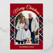 Rustic Tartan Plaid Arch Photo Merry Christmas 箔シーズンカード (正面)