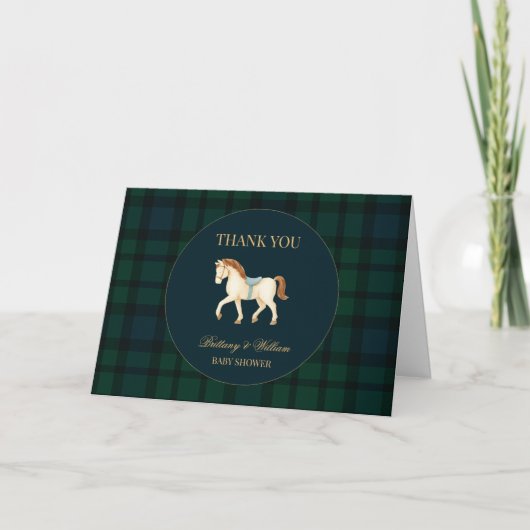 Rustic Tartan Plaid Horse Baby Shower サンキューカード (正面)