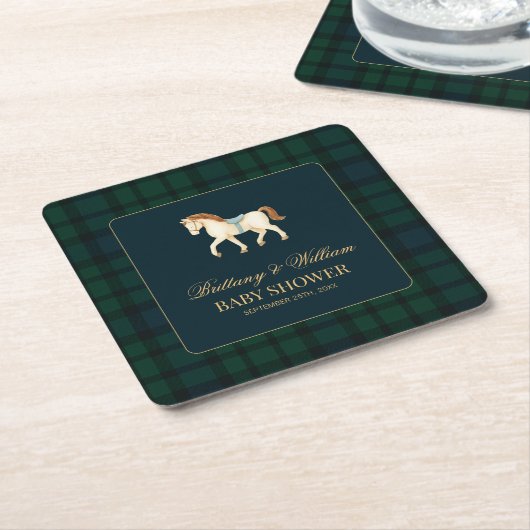 Rustic Tartan Plaid Horse Baby Shower  スクエアペーパーコースター (アングル)
