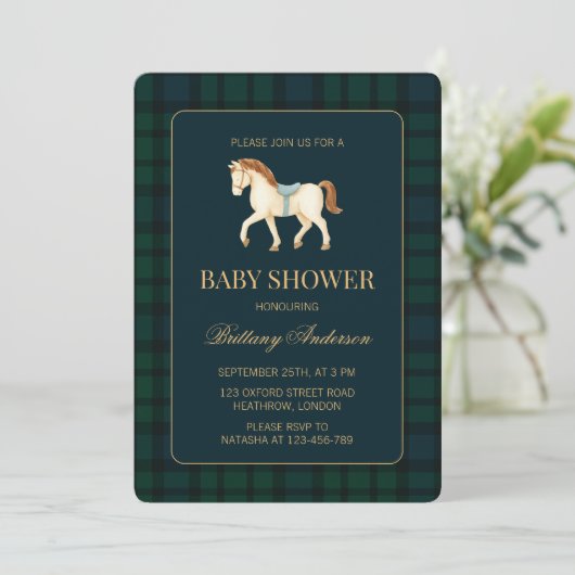Rustic Tartan Plaid Horse Baby Shower 招待状 (スタンド正面)