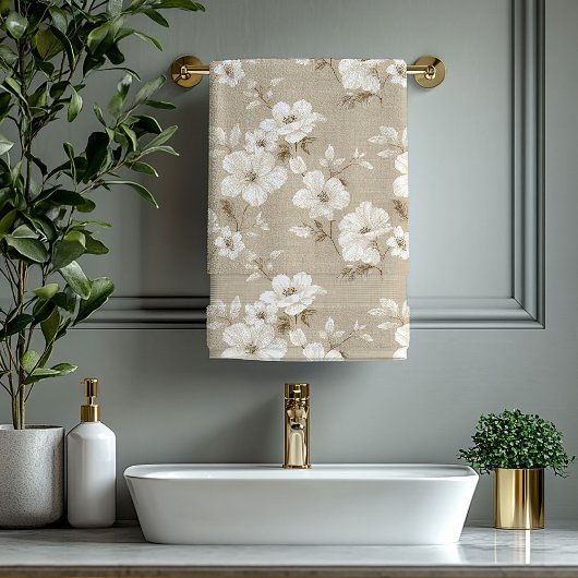 Rustic Taupe White Flowers Neutral Bath Towel バスタオルセット