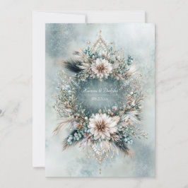 Rustic Teal Blue Feather White Floral Wedding 招待状