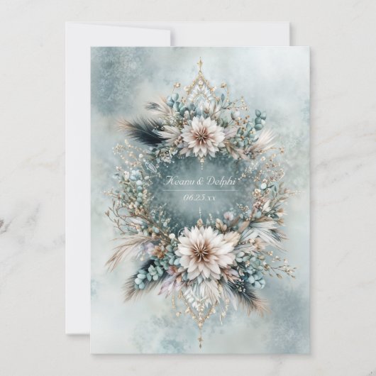 Rustic Teal Blue Feather White Floral Wedding 招待状 (正面)