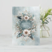 Rustic Teal Blue Feather White Floral Wedding 招待状 (スタンド正面)