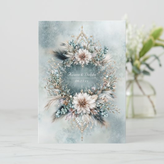 Rustic Teal Blue Feather White Floral Wedding 招待状 (スタンド正面)