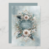 Rustic Teal Blue Feather White Floral Wedding 招待状 (正面/裏面)