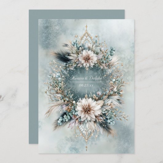 Rustic Teal Blue Feather White Floral Wedding 招待状 (正面/裏面)