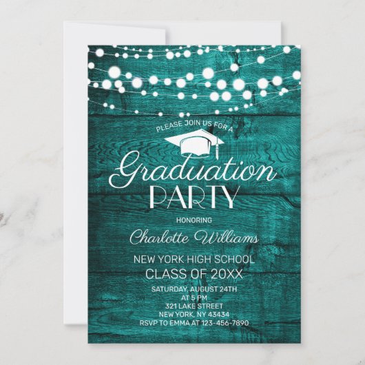 Rustic Teal Green Wood Graduation Party 招待状 (正面)