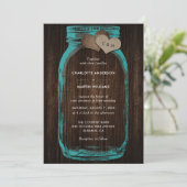 Rustic Teal Mason Jar Wood Hearts Monogram Wedding 招待状 (スタンド正面)