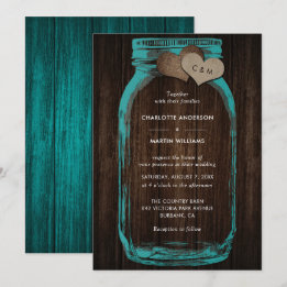 Rustic Teal Mason Jar Wood Hearts Monogram Wedding 招待状