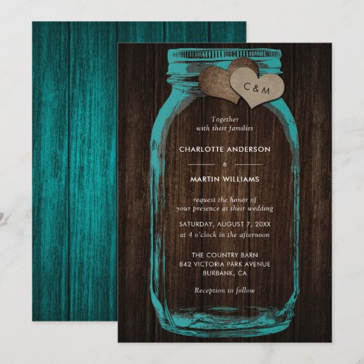 Rustic Teal Mason Jar Wood Hearts Monogram Wedding 招待状 (正面/裏面)