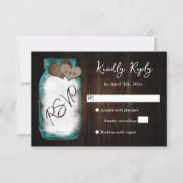 Rustic Teal Mason Jar Wood Wedding 出欠カード