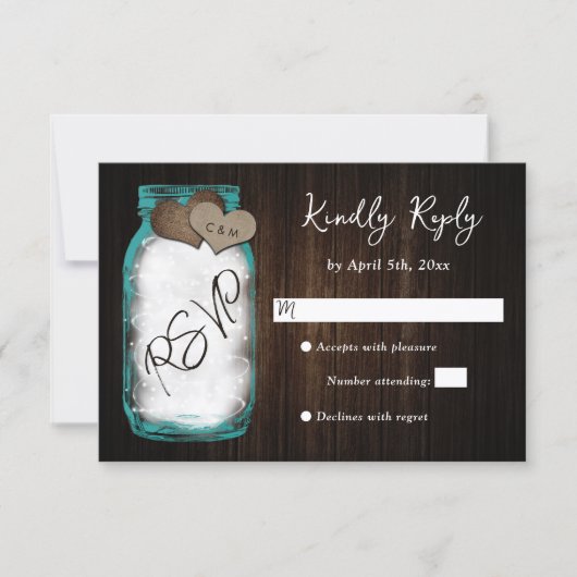 Rustic Teal Mason Jar Wood Wedding 出欠カード (正面)