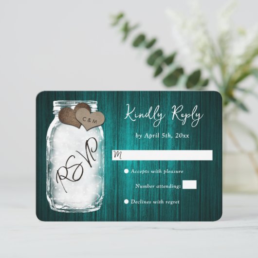Rustic Teal Mason Jar Wood Wedding RSVP Card (スタンド正面)